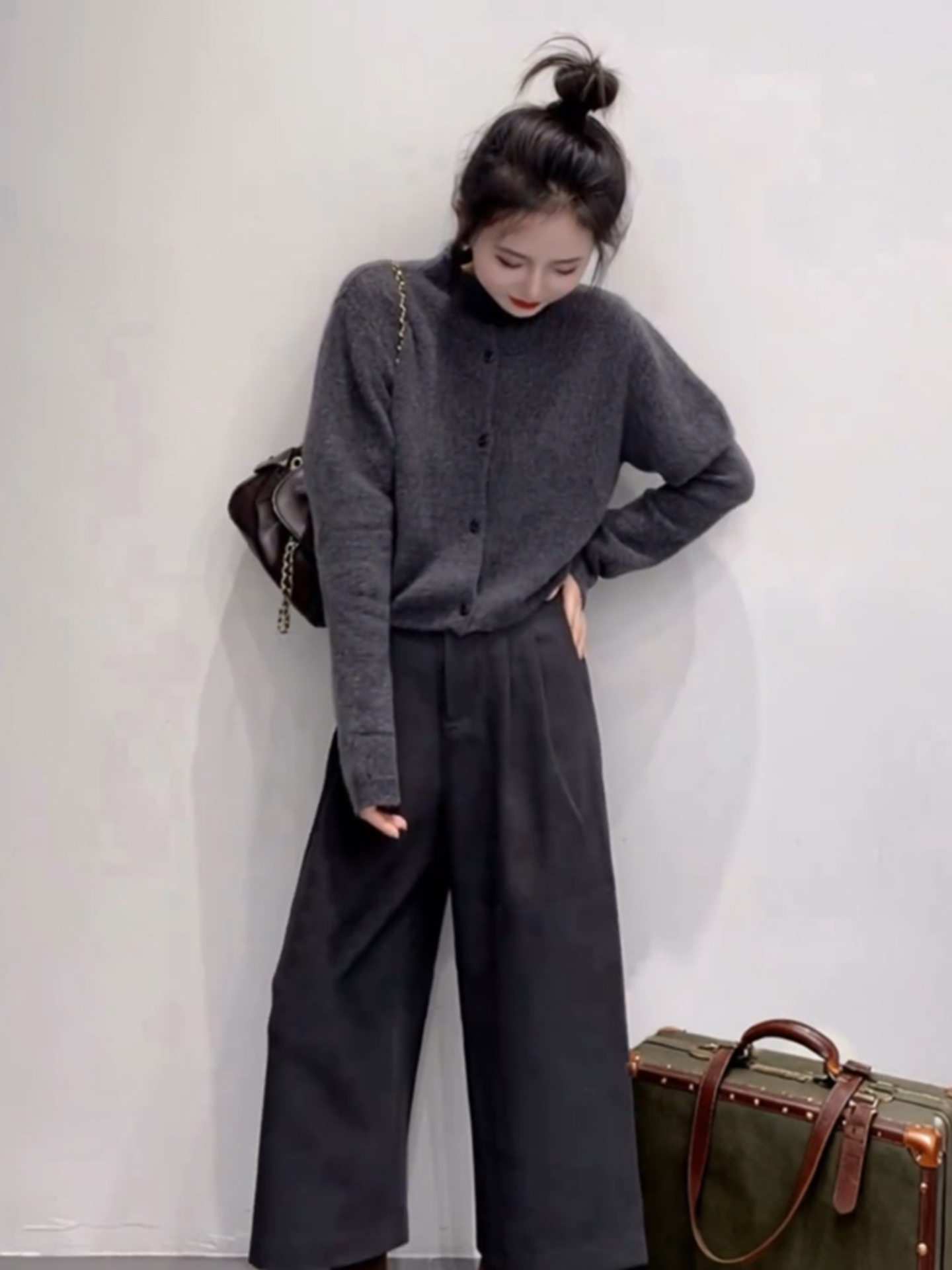韩系慵懒风气质高级针织衫阔腿裤女装2025秋冬新款休闲设计感套装