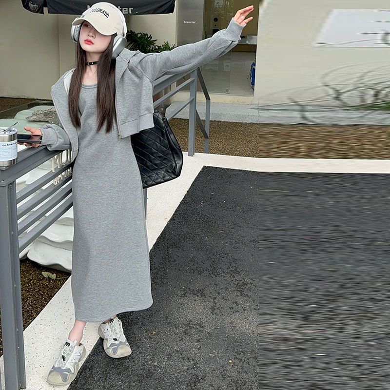 女童春秋短款运动卫衣帽衫外套百搭套装长款吊带连衣裙套装