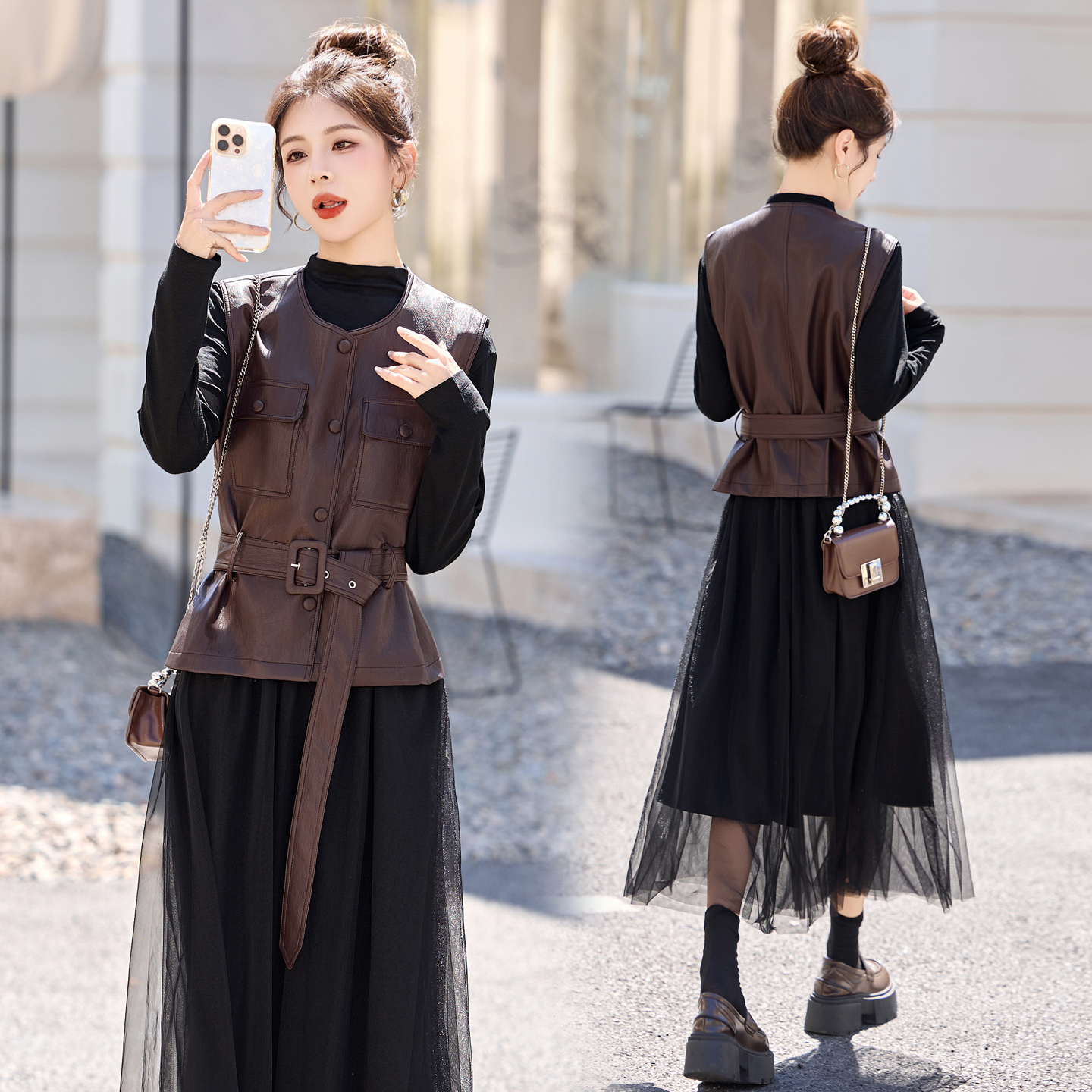 法式气质PU皮马甲套装裙女2025春秋新款设计感网纱连衣裙两件套潮