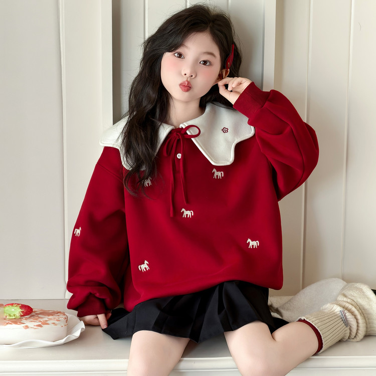 女童卫衣冬加厚2026马年本命年衣服女孩大童新款红色加绒保暖上衣