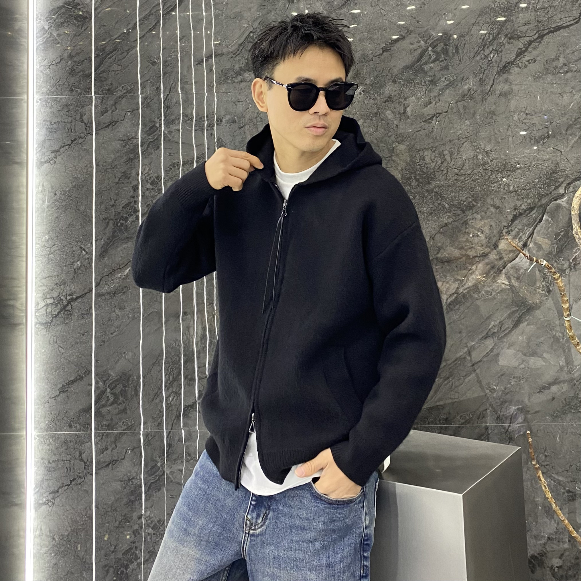 秋冬重磅慵懒风痞帅双拉链连帽厚款针织衫开衫毛衣外套休闲百搭