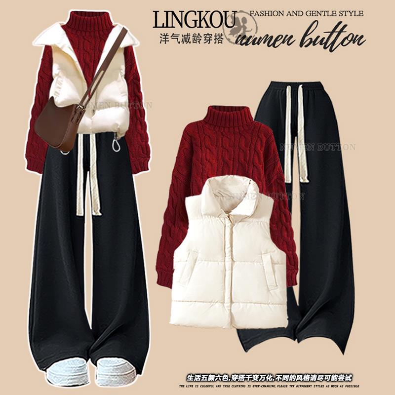大码春秋小香风套装女休闲马甲外套圣诞红色针织毛衣休闲裤三件套