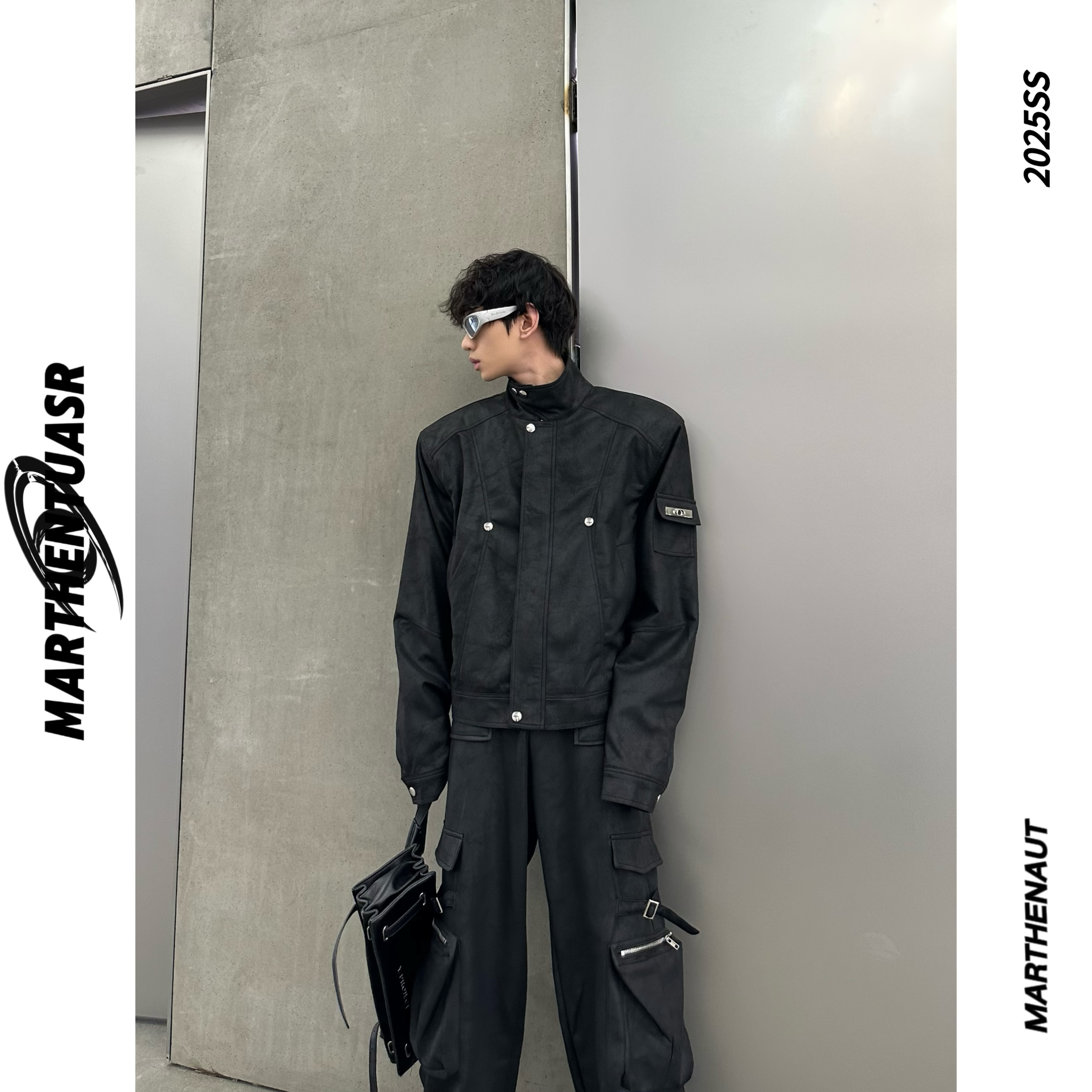 MARTHENAUT先锋巴黎废土原创麂皮绒垫肩夹克不规则设计感领口外套