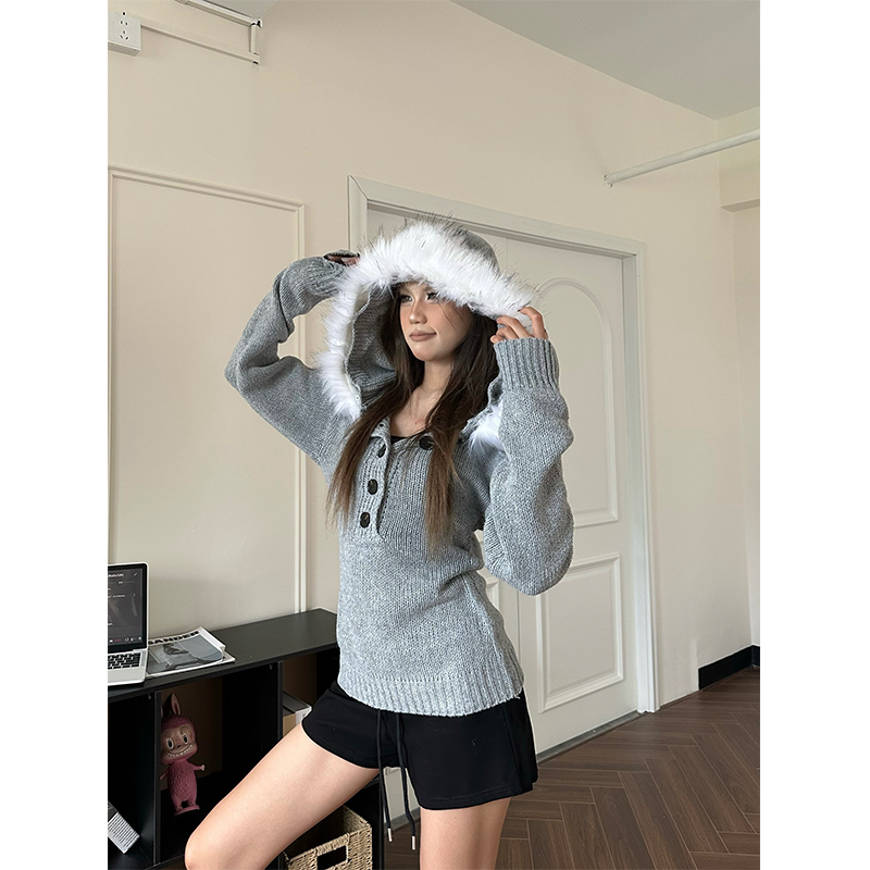 芊喜Studio 美式复古纽扣毛领连帽毛衣女修身慵懒风针织外套上衣