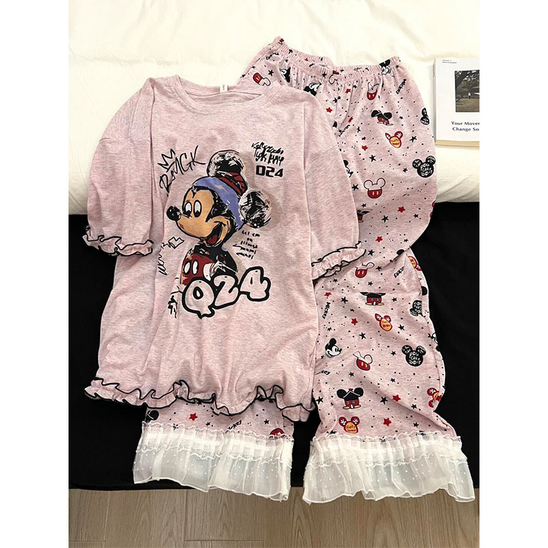 【星海米奇】ins甜美花边短袖长裤家居服套装女莫代尔凉感透气睡衣