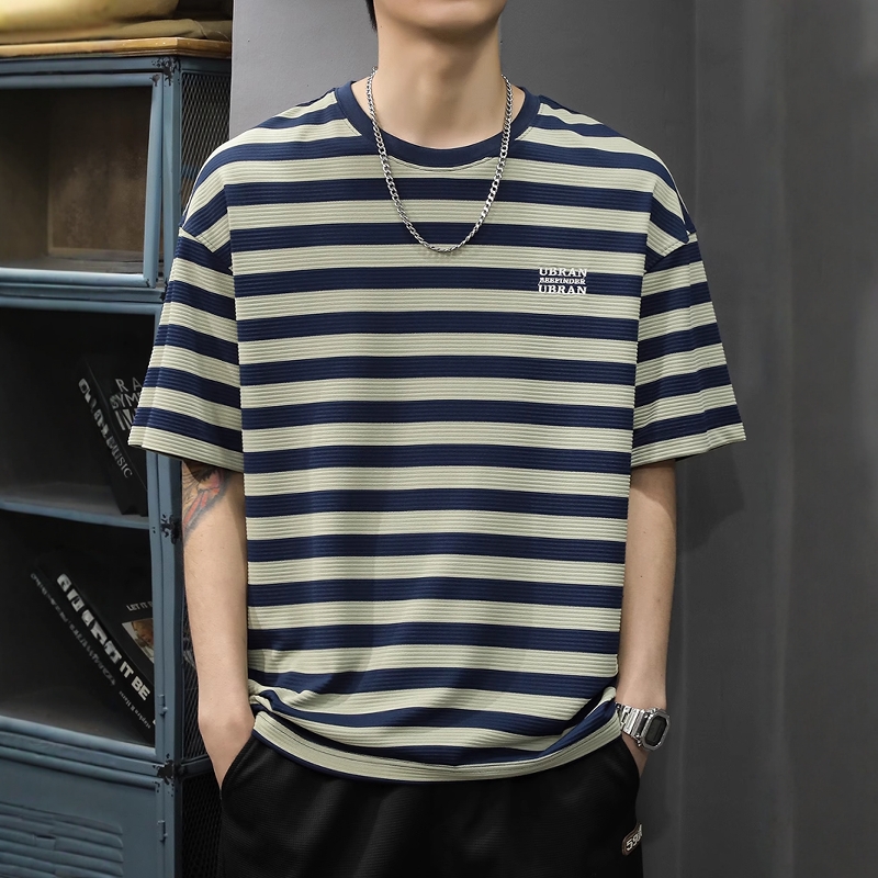2025新款休闲美式条纹短袖t恤男夏季凉感半袖体恤宽松大码海魂衫