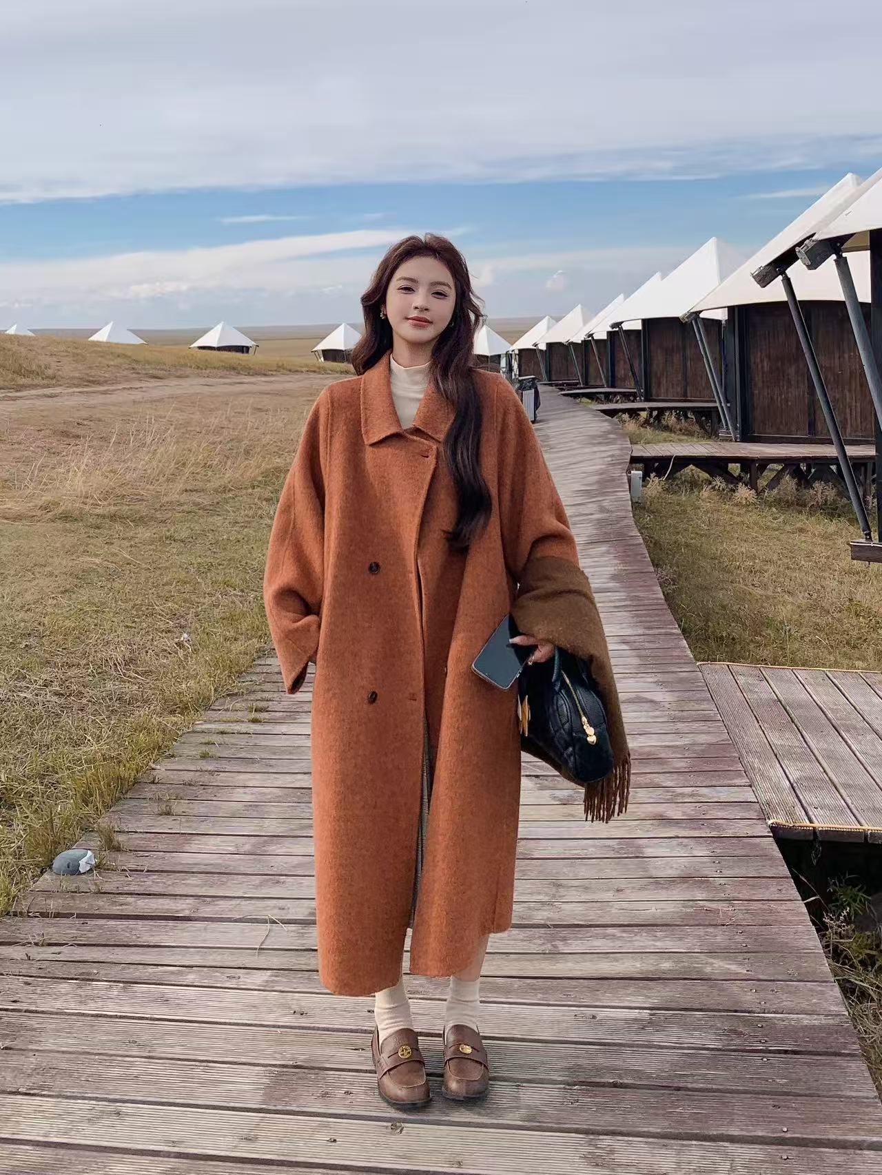 法式橘色双面呢子羊毛大衣2025年秋冬季新款韩系长款过膝毛呢外套