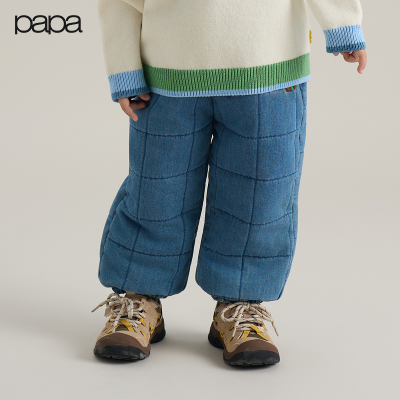 papa爬爬冬季新款男女童牛仔绗缝夹棉收脚口裤子保暖长裤休闲舒适