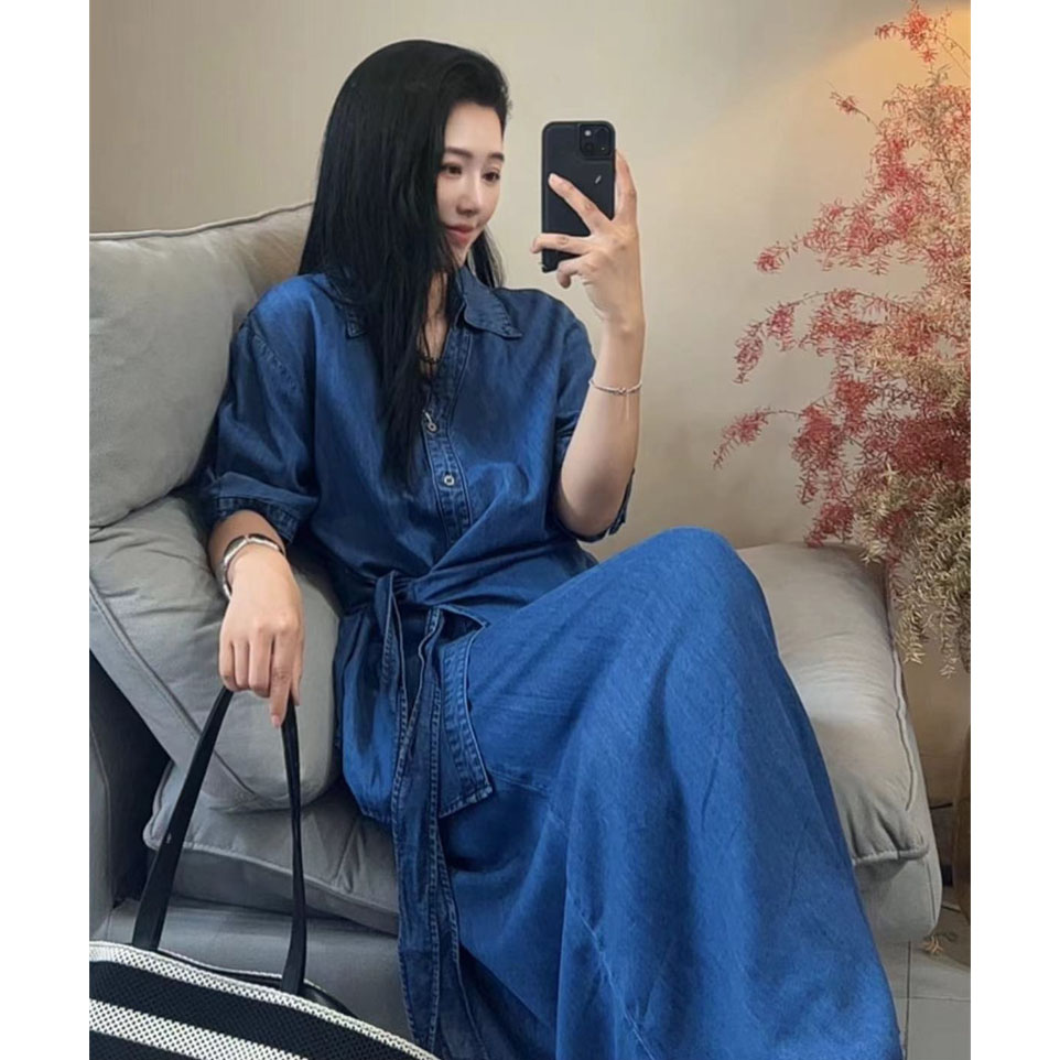 老钱风穿搭蓝色牛仔套装裙夏季薄款设计系带掐腰上衣半身裙两件套