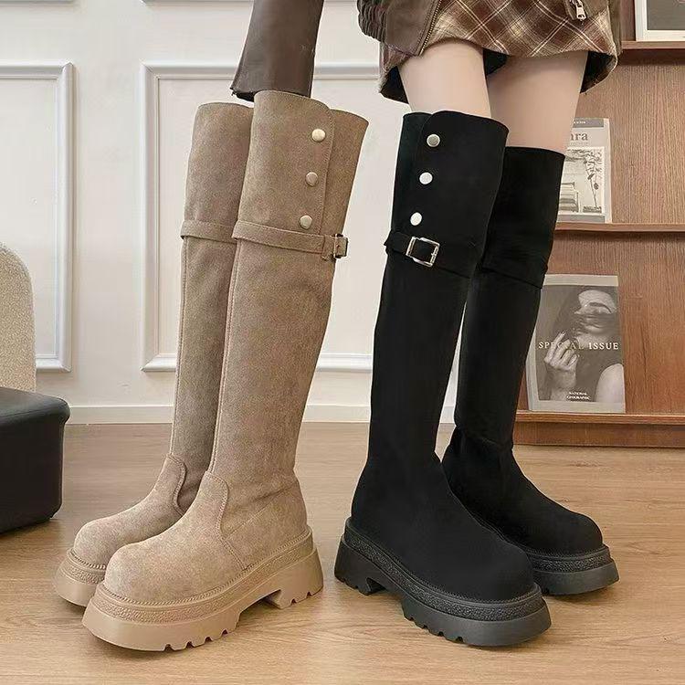 依依家大码女装增高厚底加绒过膝长靴粗腿胖mm大筒围骑士靴百搭