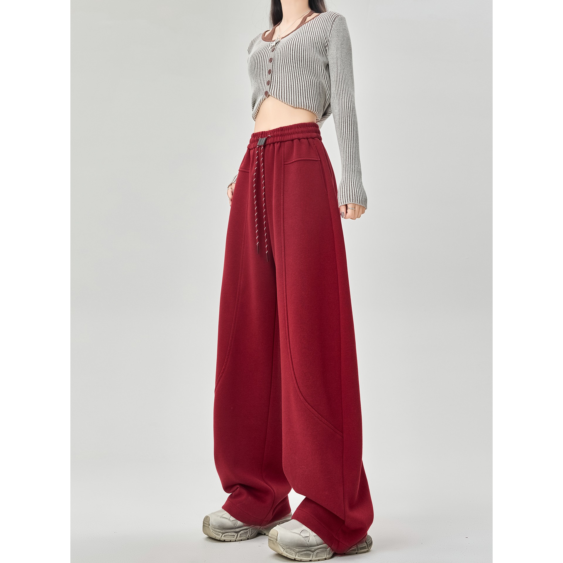 红色美式复古弯刀裤女2025秋冬新款高腰宽松阔腿休闲高街运动卫裤