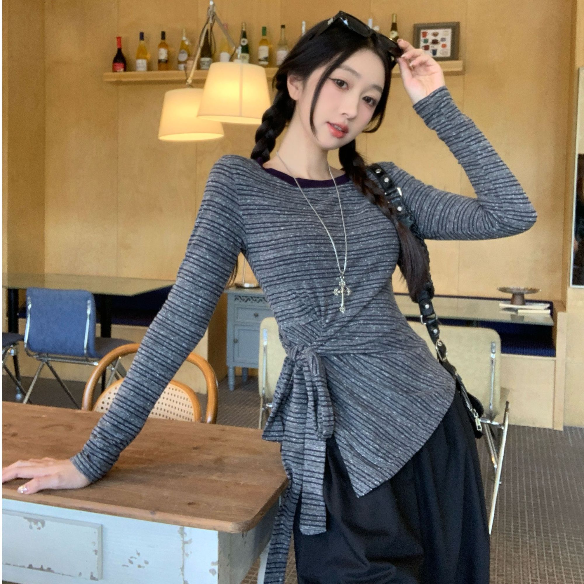 设计感绑带收腰条纹长袖T恤女春款2025新款韩版辣妹撞色显瘦上衣