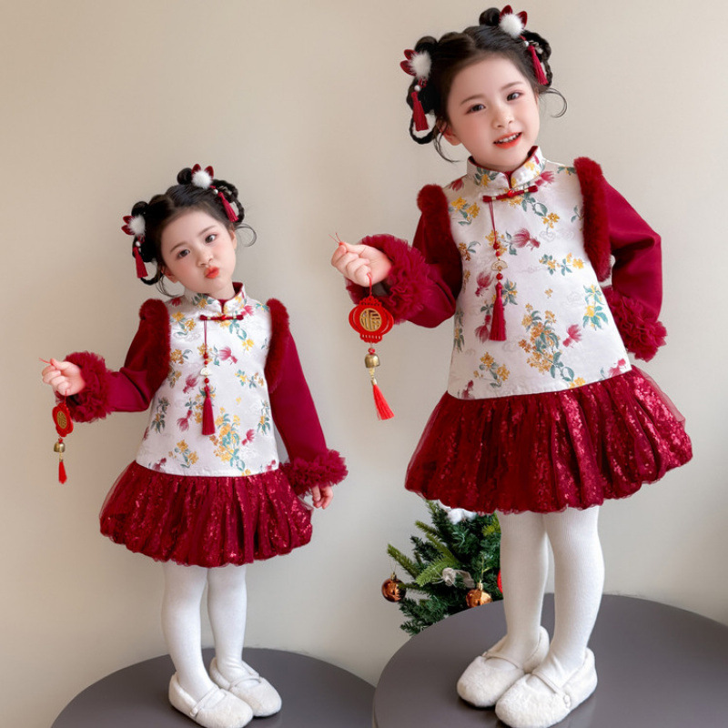 女童新中式拜年服冬装2025新款儿童国风加绒旗袍裙宝宝礼服两件套