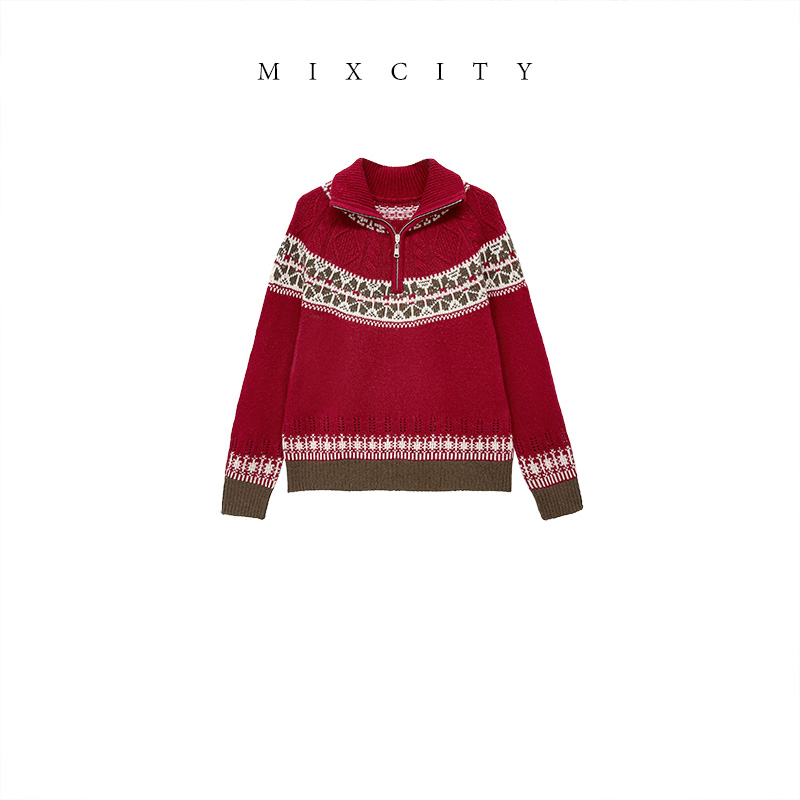 【MIXCITY亚楠家】圣诞灯◆费尔岛提花纯羊毛半拉链翻领针织衫9289