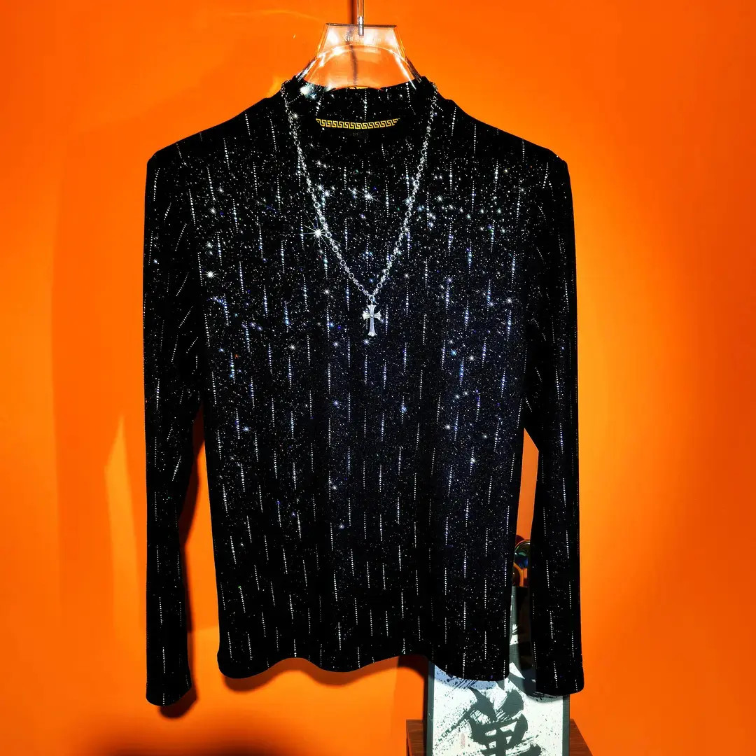 【专柜品质】秋季新款修身型半高领长袖T恤打底衫男士轻奢重工时尚