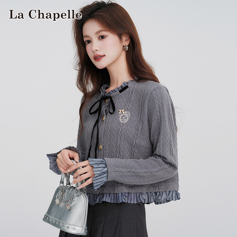拉夏贝尔木耳边拼接假两件短款针织开衫女蝴蝶结系带立领内搭上衣