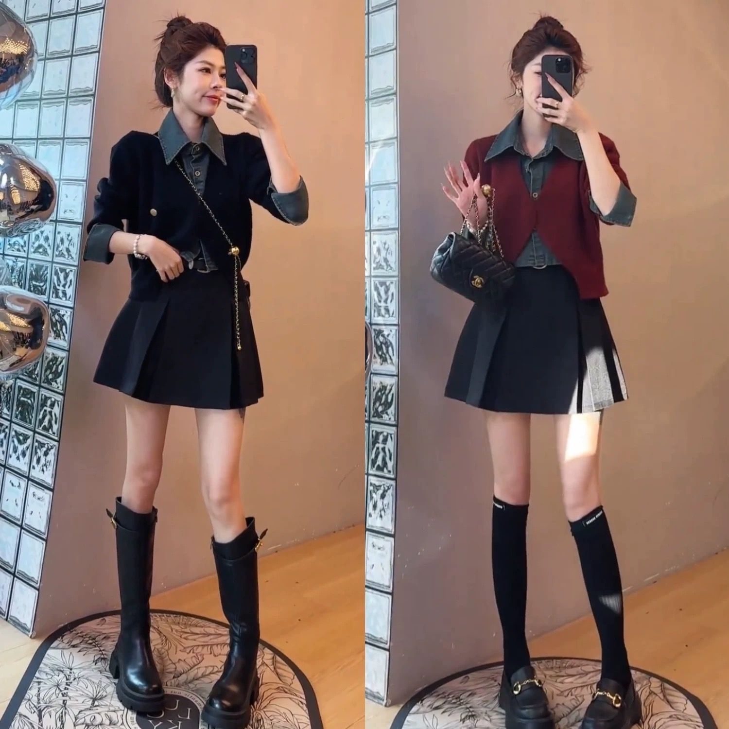 秋季穿搭一整套女2025新款时尚拼接假两件上衣显瘦半身裙两件套潮