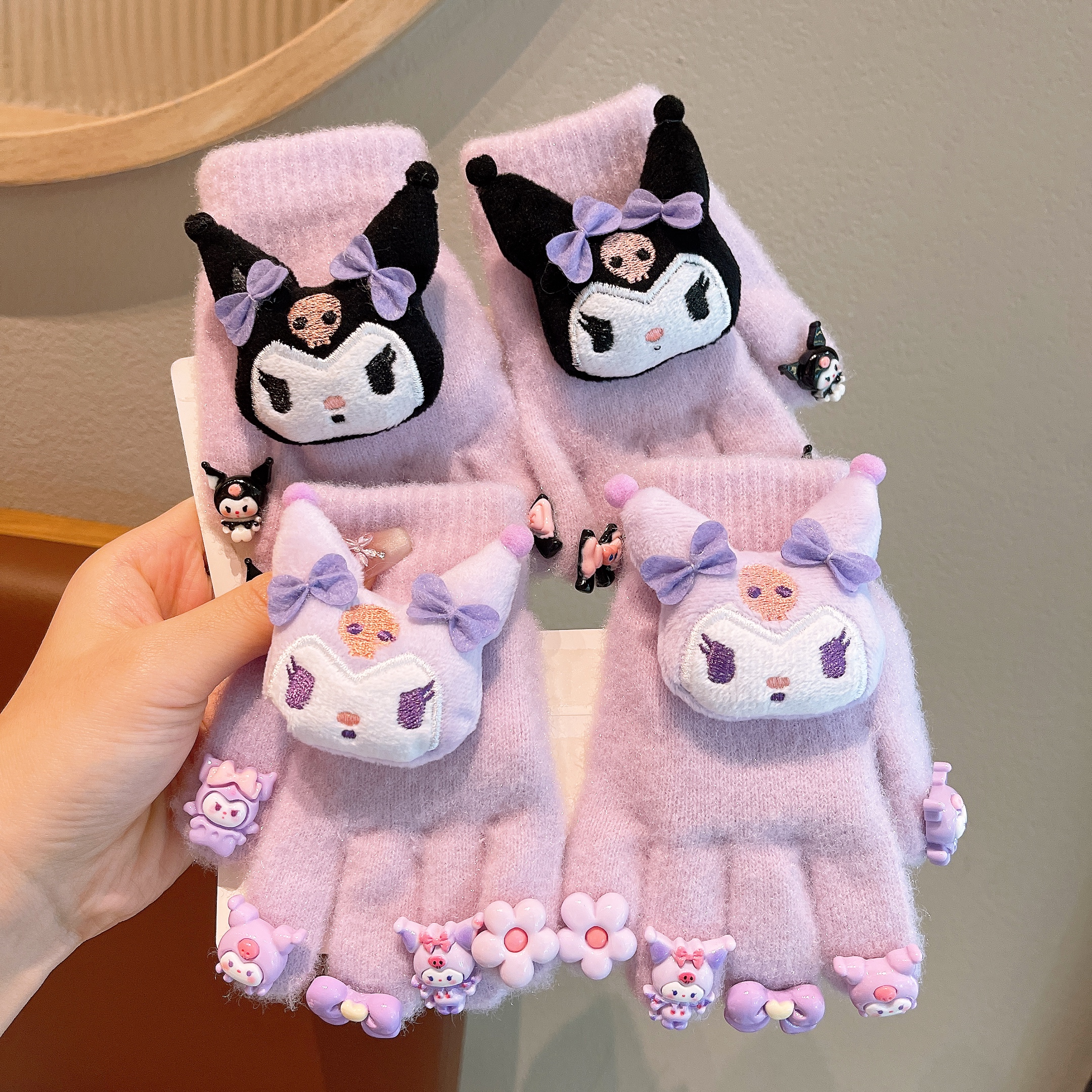 2025冬季女童库洛米五指卡通加绒保暖御寒分指手套DIY儿童手套