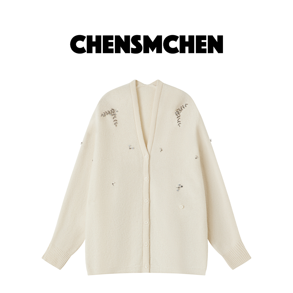 CHENSMCHEN 100绵羊毛针织衫女秋冬时尚绣花V领打底开衫CSZ1013SL