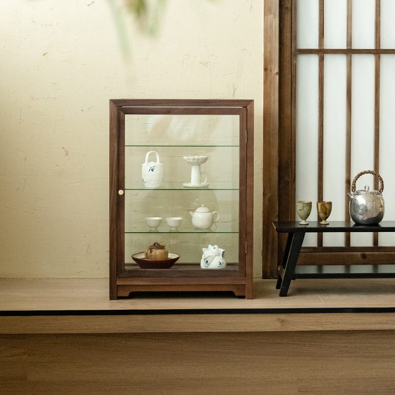 北美胡桃木桌面玻璃展示柜茶具茶杯柜透明防尘文玩饰品收纳盒
