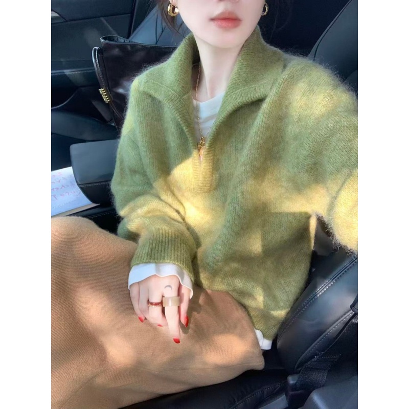 2026秋冬新款韩系牛油果绿慵懒风翻领宽松软糯毛衣百搭半身裙套装