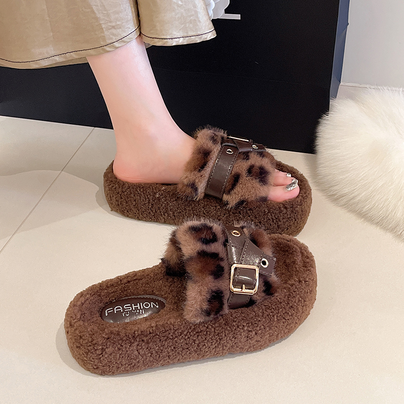 高级豹纹厚底网红毛毛鞋女外穿新款秋冬时尚外出毛绒茸茸棉拖鞋