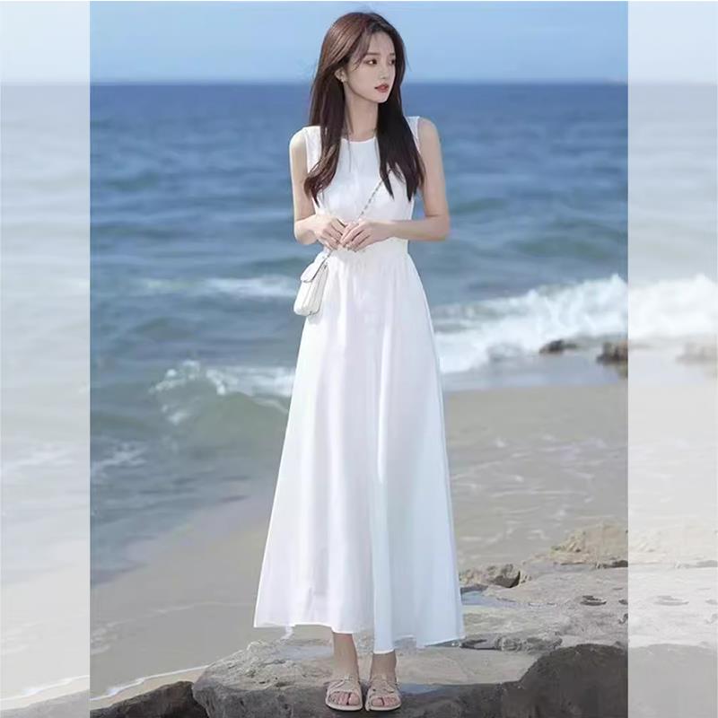 法式白色无袖连衣裙女夏季小个子收腰背心裙子