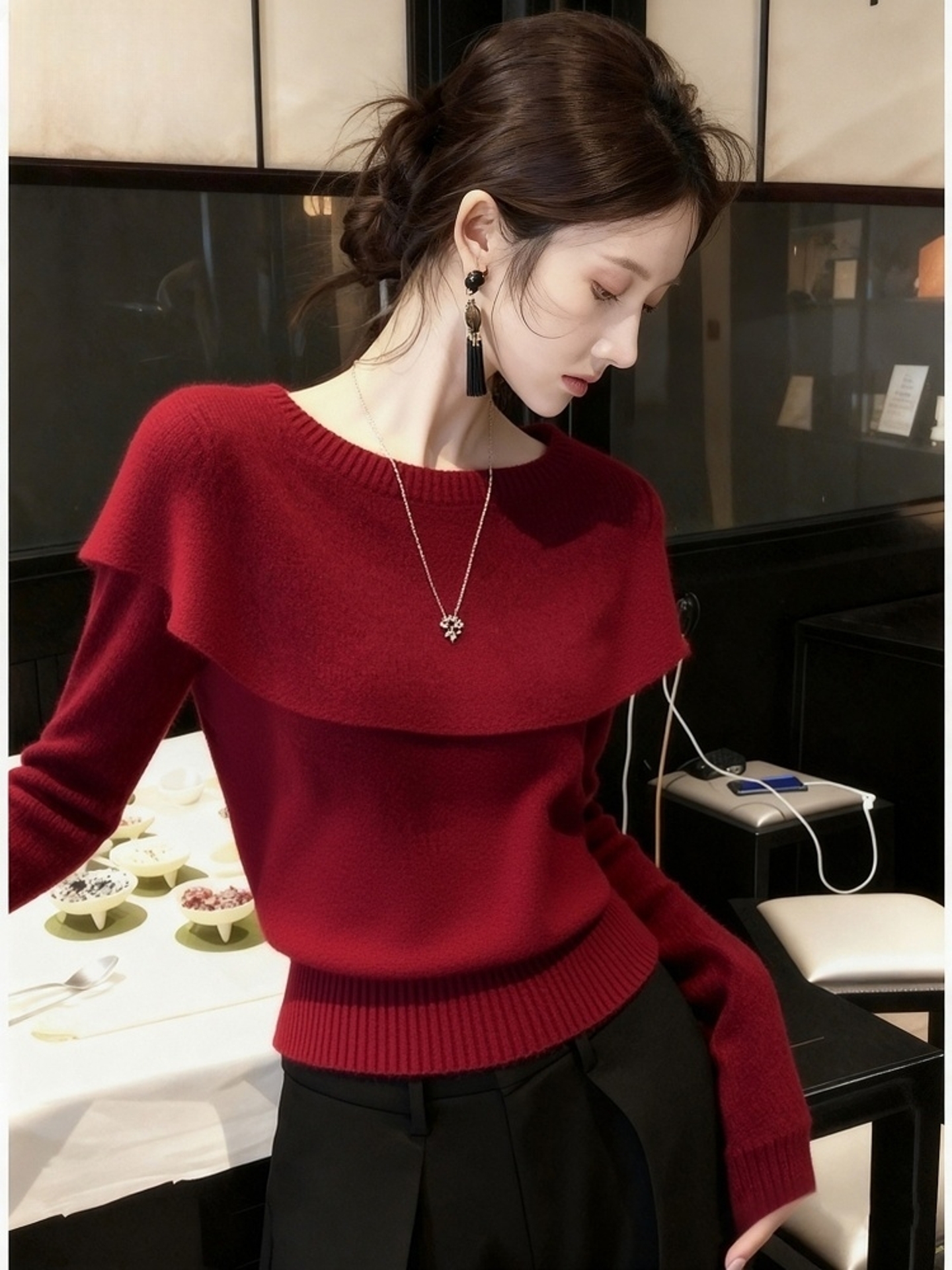 安可拉红披肩轻熟风针织衫2025秋冬季气质名媛高级感修身打底上衣