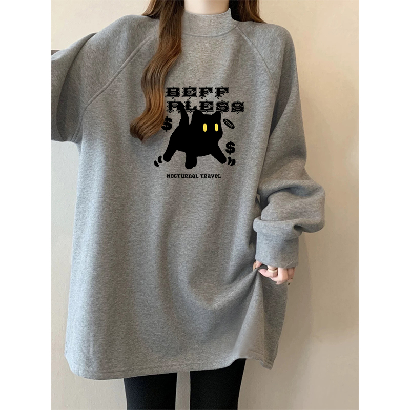 春秋大码加厚长袖T恤女韩版宽松半高领搭配鲨鱼裤中长款棉上衣