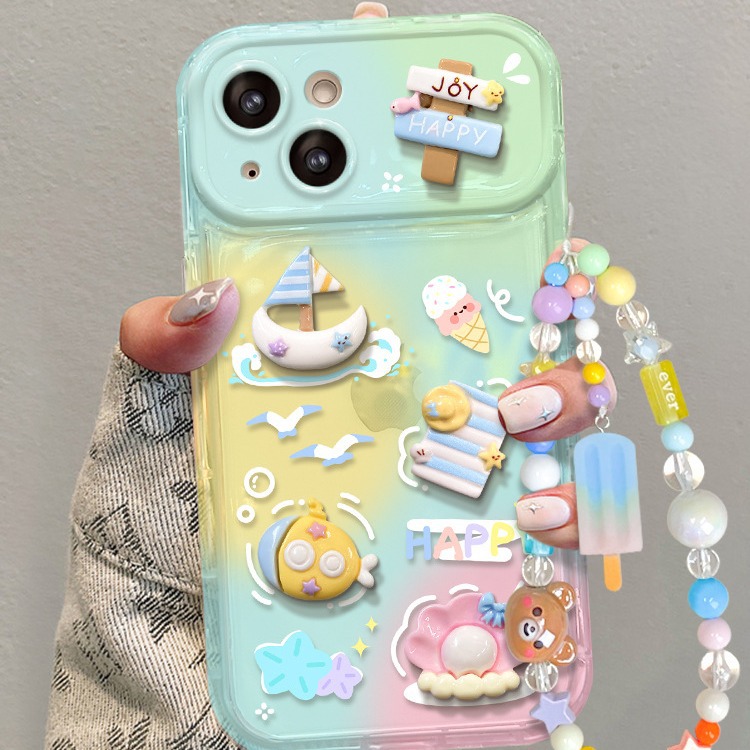适用苹果15手机壳iPhone14promaxi彩色晕染公仔链条13/12翻盖镜子