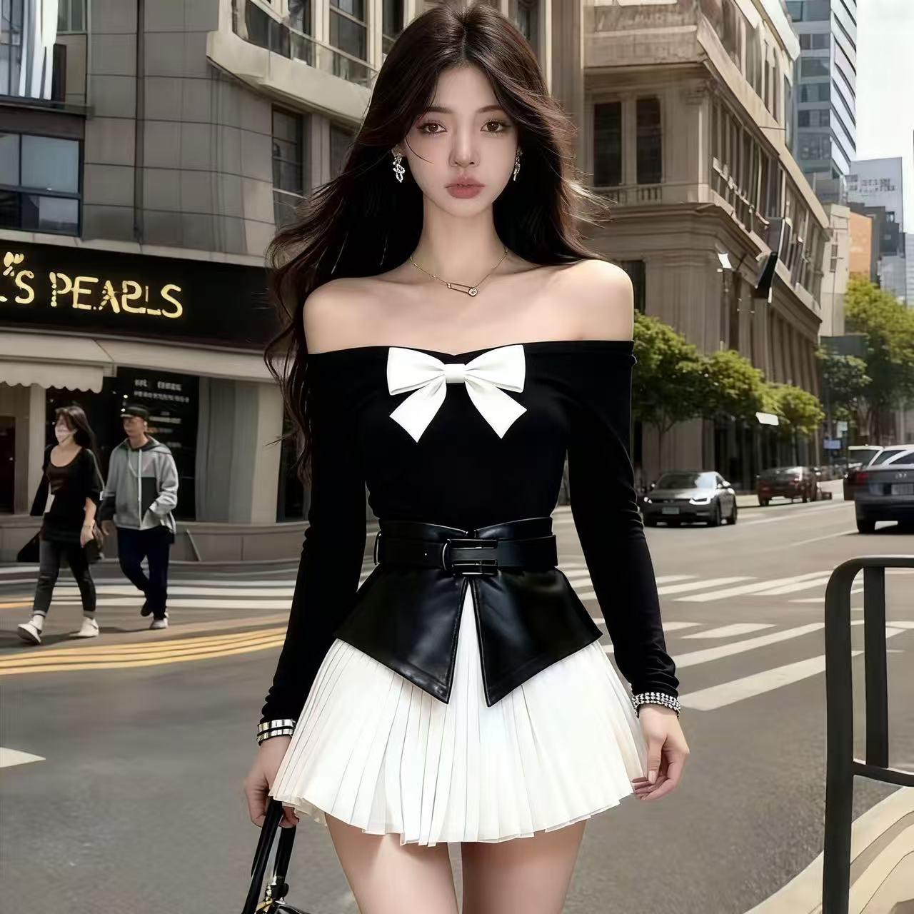 时尚洋气显瘦百搭黑色一字肩露肩长袖上衣+白色百褶半身裙两件套