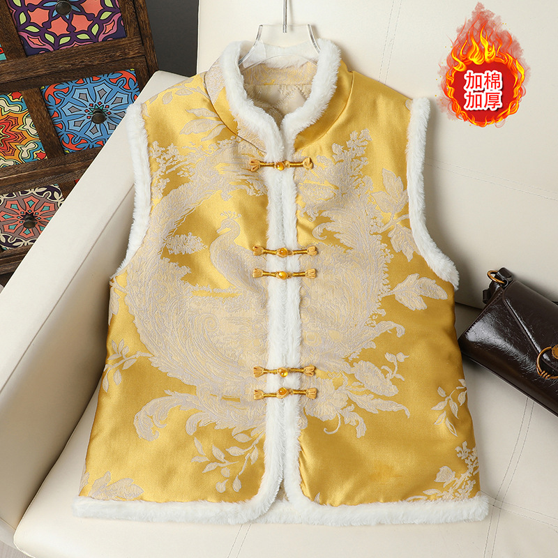 凤凰棉马甲女装复古盘扣提花新中式国风马夹秋冬加棉保暖背心坎肩