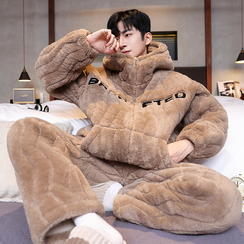男士睡衣冬季珊瑚绒加厚加绒2025新款三层夹棉高档连帽家居服套装