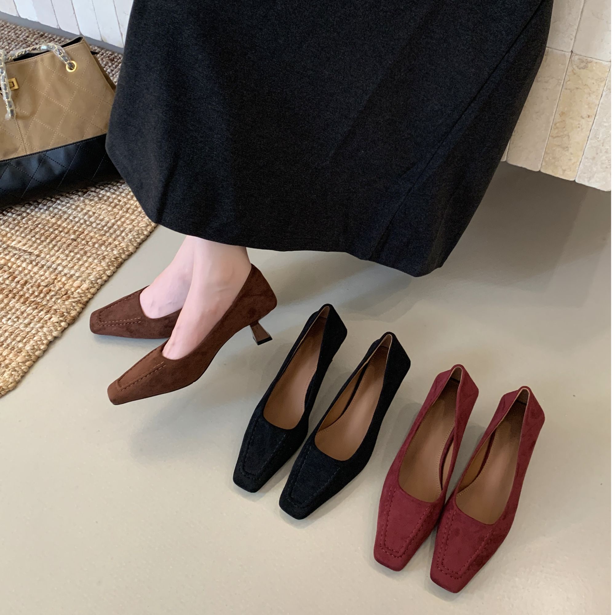 法式方头高跟鞋晚晚风酒红色单鞋女2025秋冬季新款气质通勤2468-3