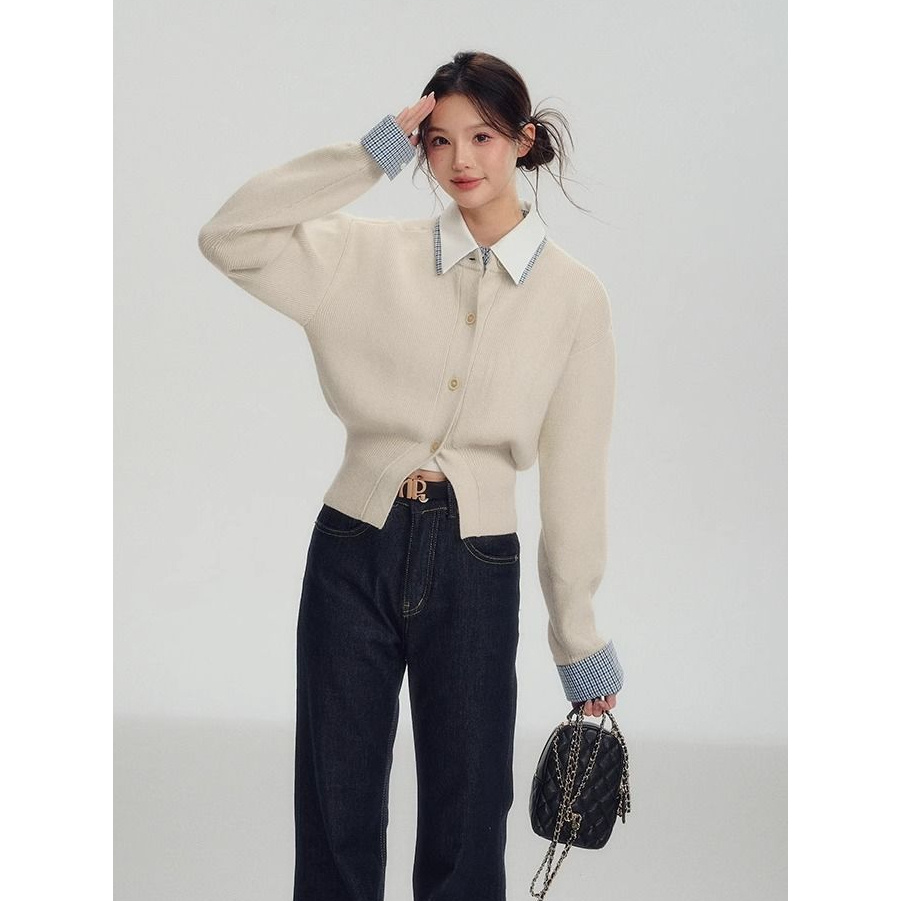 格子拼接假两件长袖针织开衫早秋季显瘦气质上衣短款女装百搭毛衣