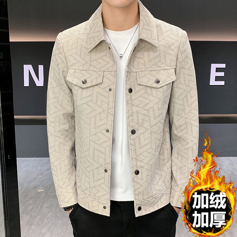 2025秋冬新款夹克男韩版修身时尚高级感翻加绒加厚领外套休闲男装