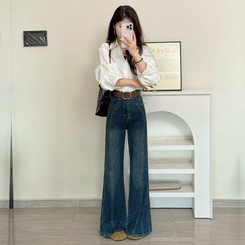 不贴腿喇叭牛仔裤女秋冬季新款高腰显瘦弹力辣妹小个子设计感拖地