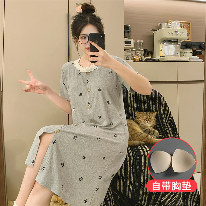 短袖睡裙女夏季莫代尔2025新款带胸垫一体圆领花边蝴蝶开衫睡衣裙