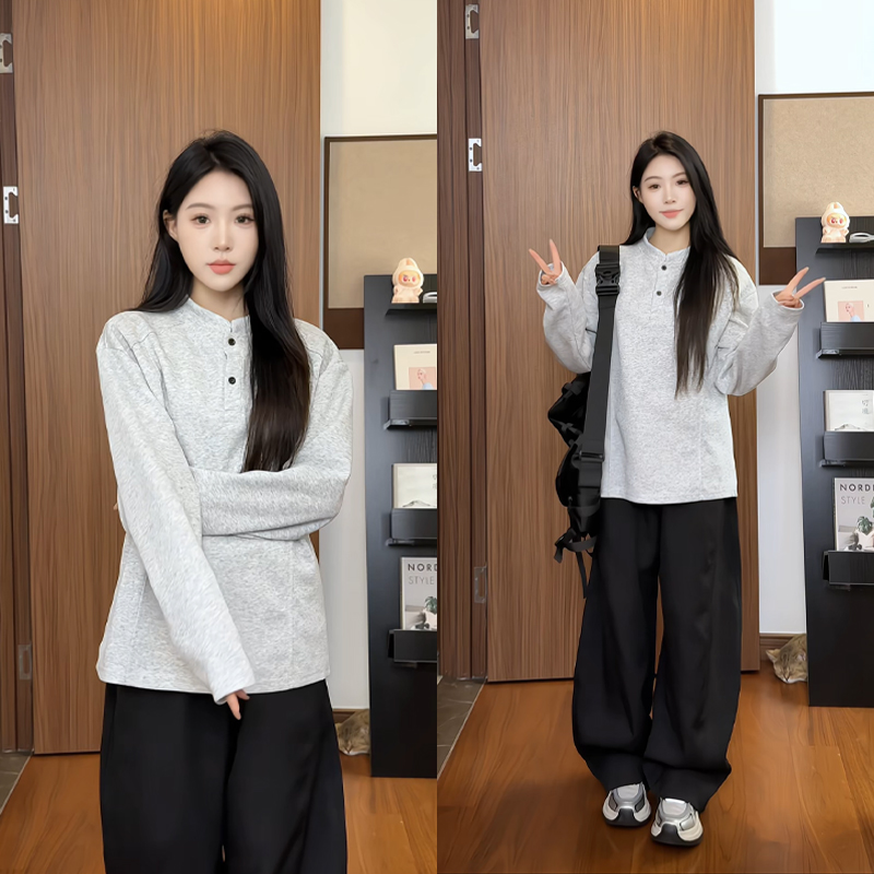 亨利领正肩拼接长袖T恤男款秋冬加绒美式重磅卫衣cleanfit打底衫