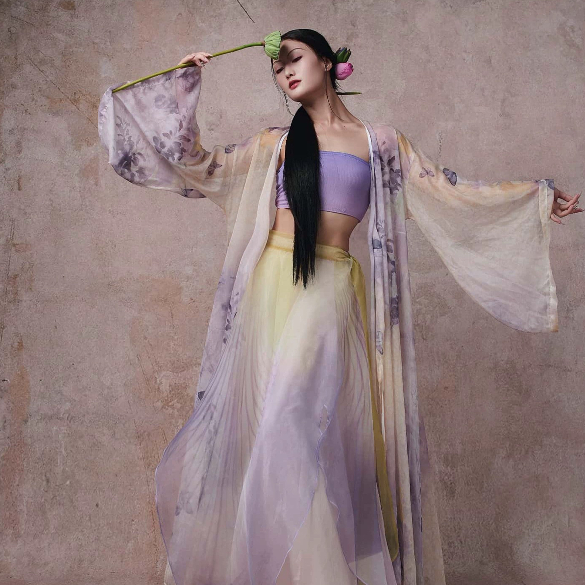 WYZ盖盖【鸢尾蝶衣】古风爵士中国舞大摆系带裙梦幻紫色印花纱衣
