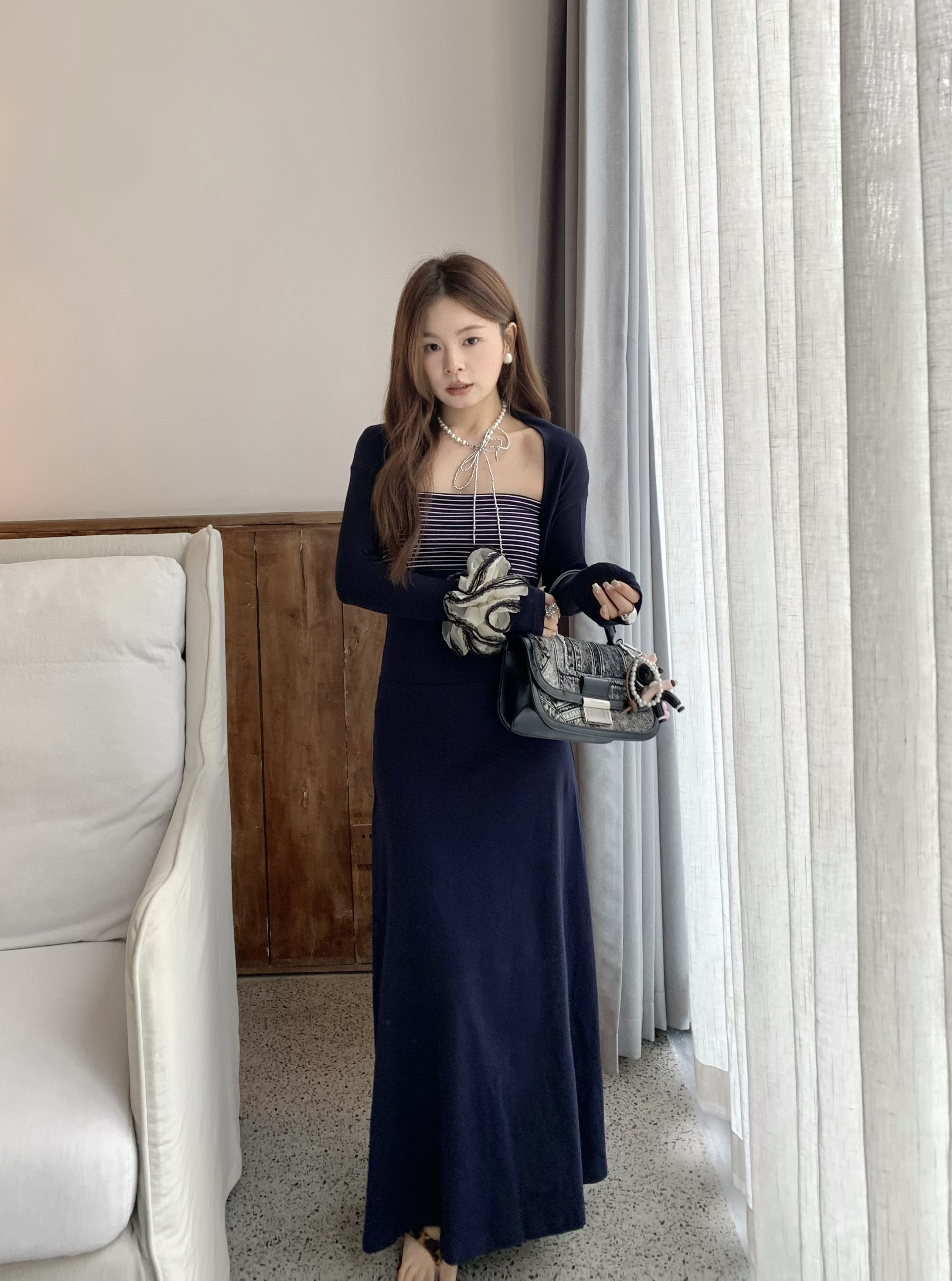 DAMEI大美 撞色条纹抹胸连衣裙 + 披肩两件套 藏蓝纯欲大女主套装