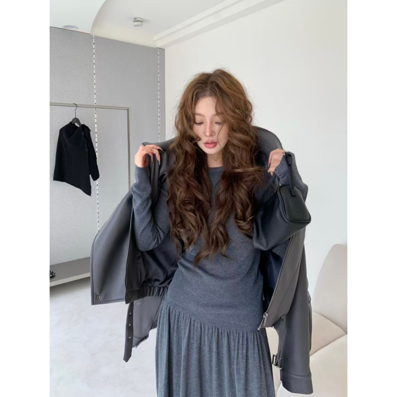老钱风洋气百搭通勤皮衣外套秋季纯欲修身长袖上衣温柔显瘦半身裙