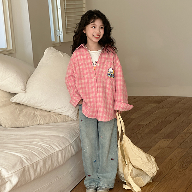 女童hellokitty衬衫秋装2025新款小女孩甜美衬衣炸街牛仔裤三件套