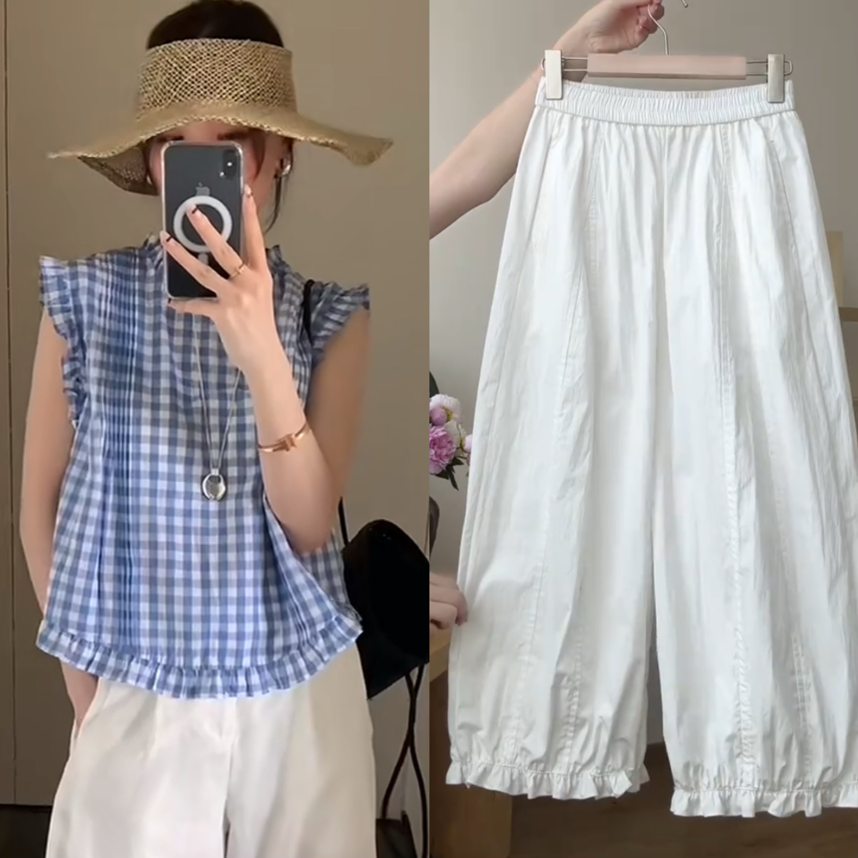 今年流行夏季爆款时尚套装女格子飞袖小衫九分灯笼裤巨好看两件套