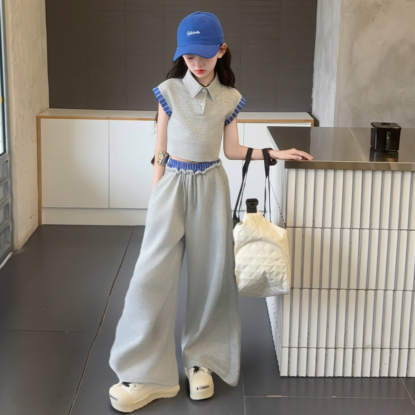 韩版女童套装夏装2025新款中大童Polo衫短袖阔腿裤两件套12岁潮款