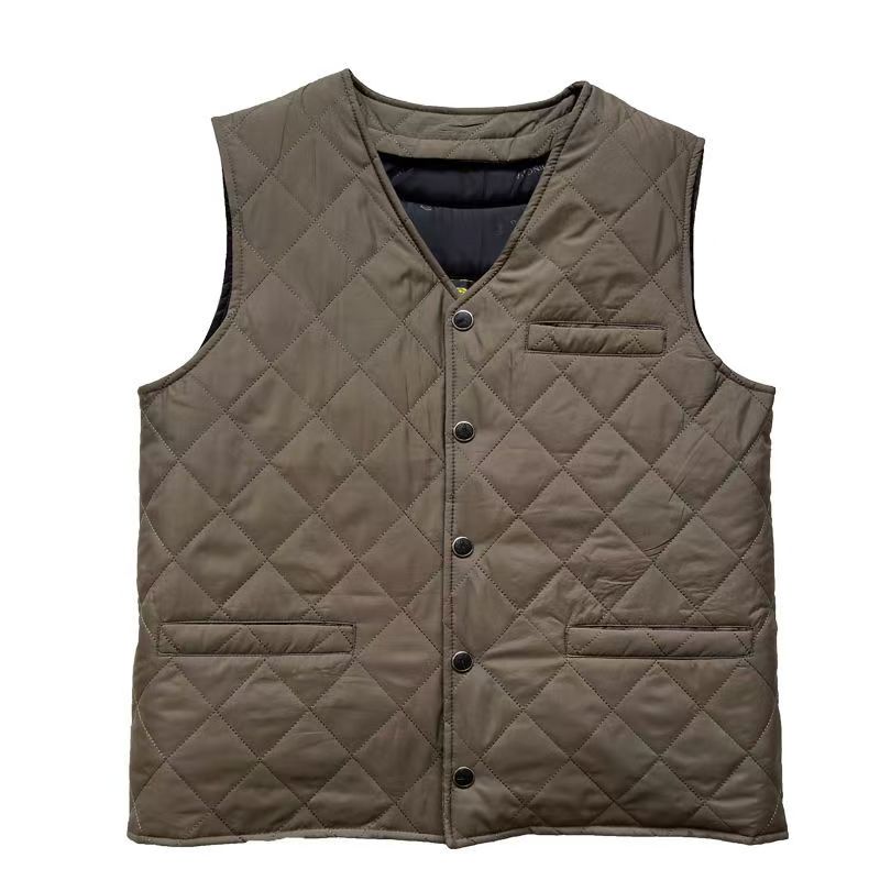 方格明线冬季羊皮羊毛中老年背心多口袋透气常规款马甲保暖