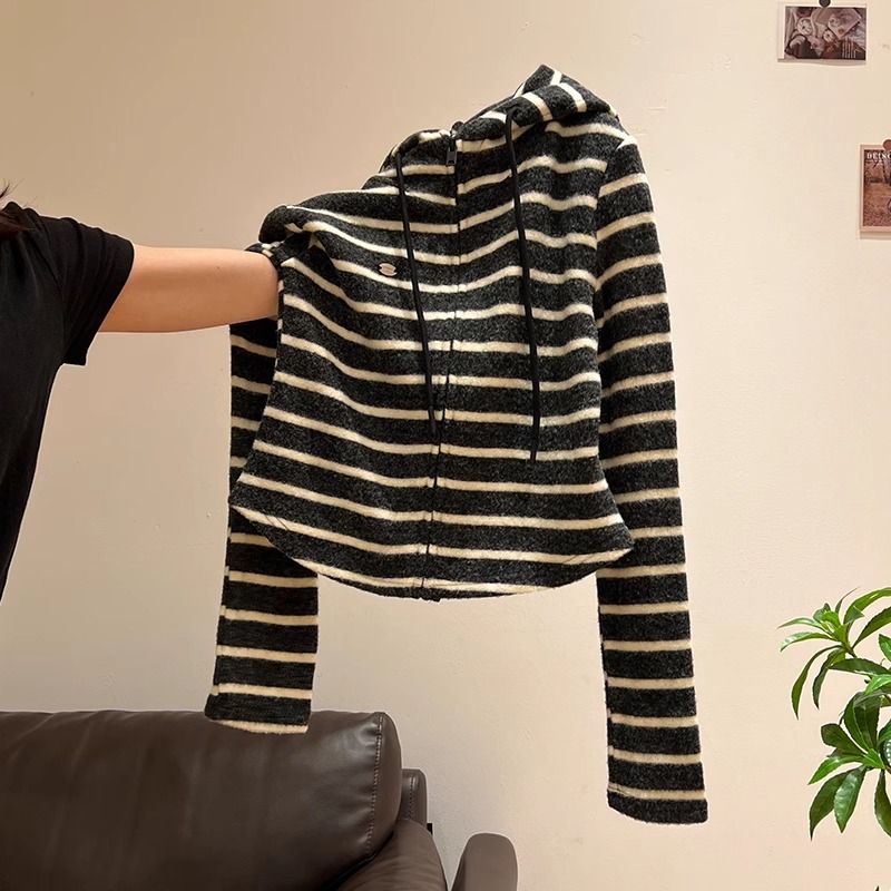 复古条纹撞色拉链开衫长袖T恤女磨毛加厚抽绳连帽短款外套上衣潮