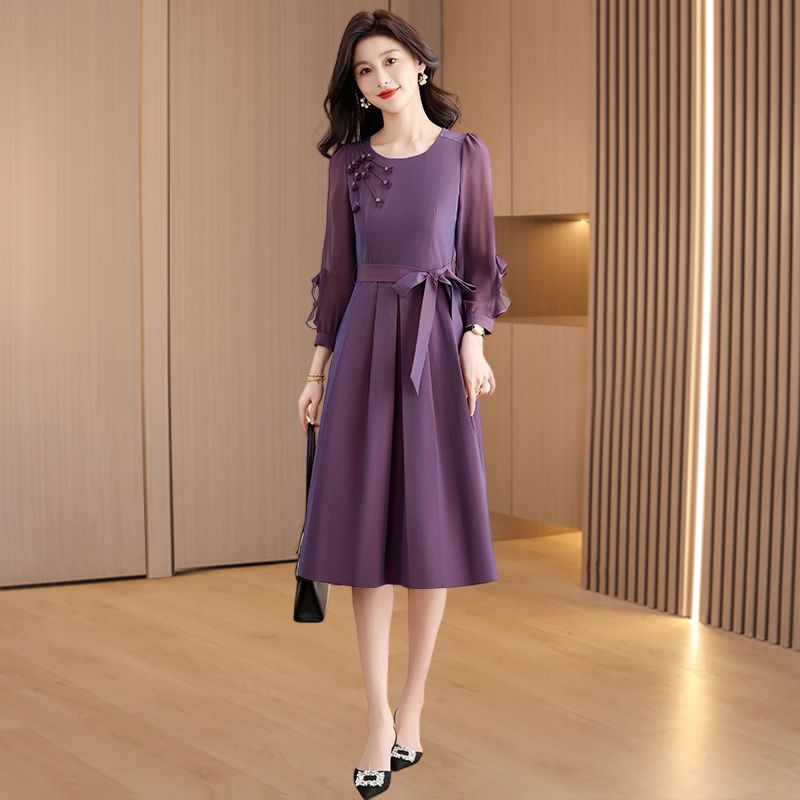 紫色喜婆婆婚宴长袖气质连衣裙2025早秋新款时尚结婚礼服爆款裙子