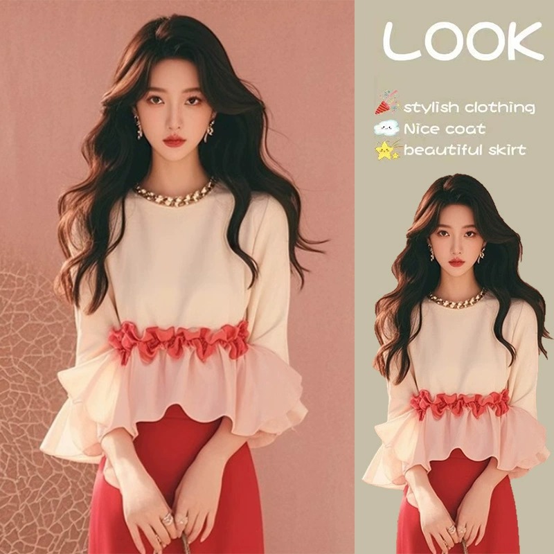 夏季时尚小香风套装法式荷叶边显瘦上衣千金风红色半身裙两件套