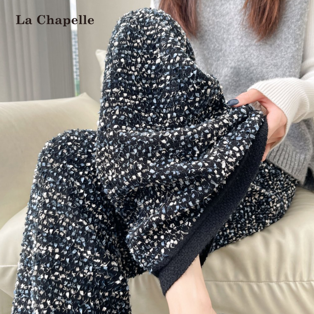 拉夏贝尔彩虹糯米裤女秋冬新款高腰垂感直筒宽松慵懒风针织阔腿裤